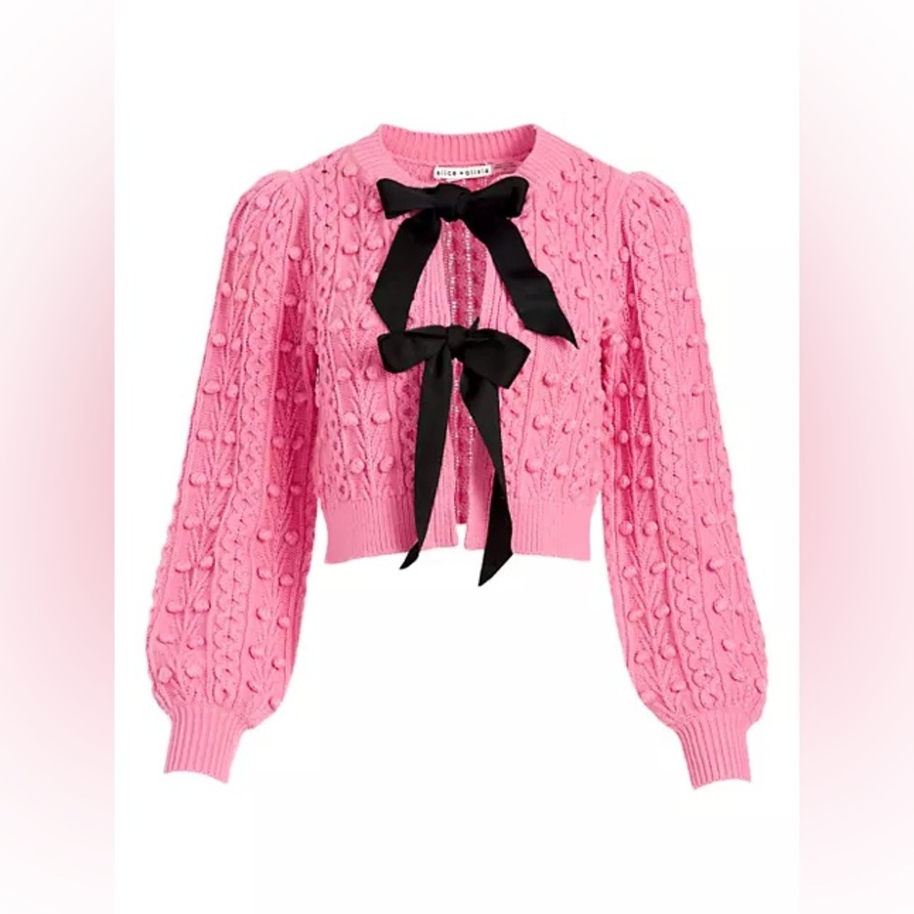 NWT Alice + Olivia Kitty Puff Sleeves Bow Accent Cardigan Sweater L Pink